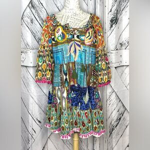 Colorful Embroidered Bell Sleeve Dress Tiered Size L